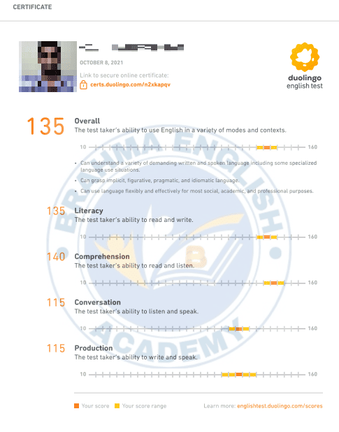 Duolingo Score Card 1 - IELTS with Madhav