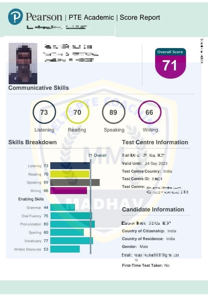 Blurred PTE scorecard of a student