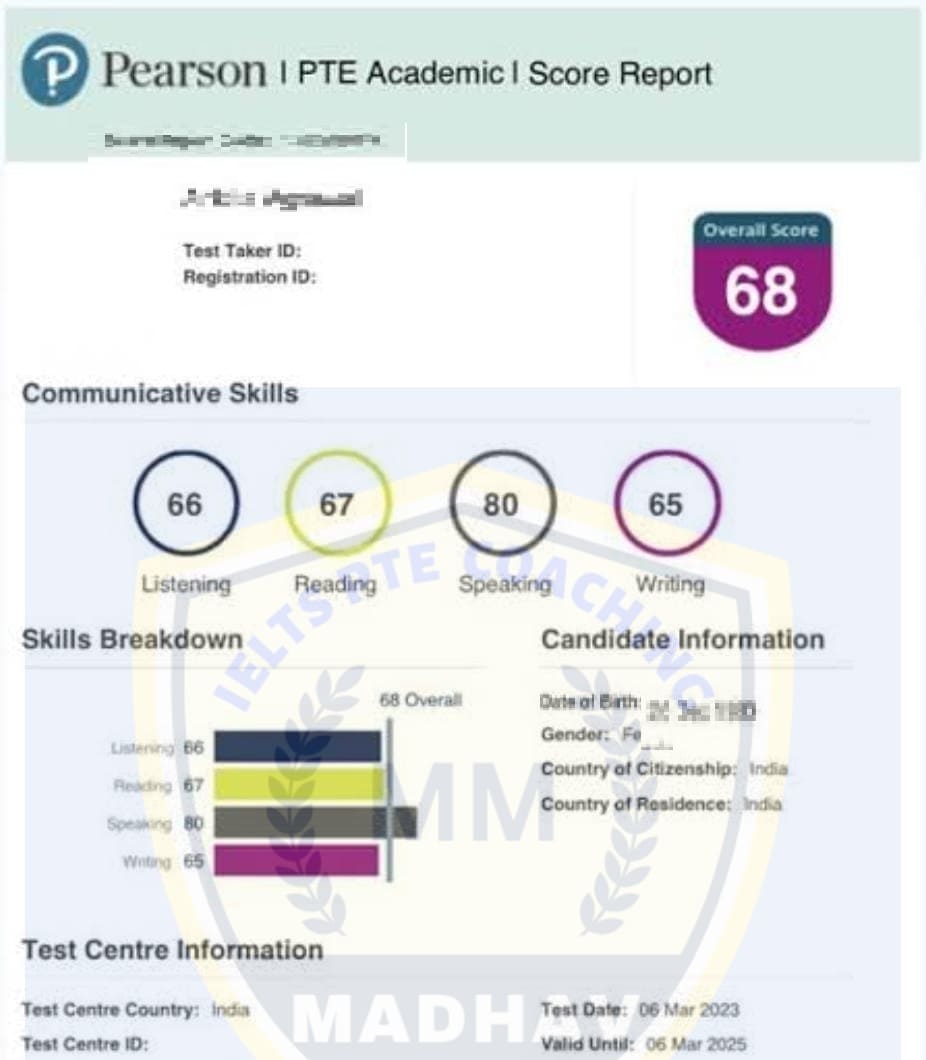 Blurred PTE scorecard of a student