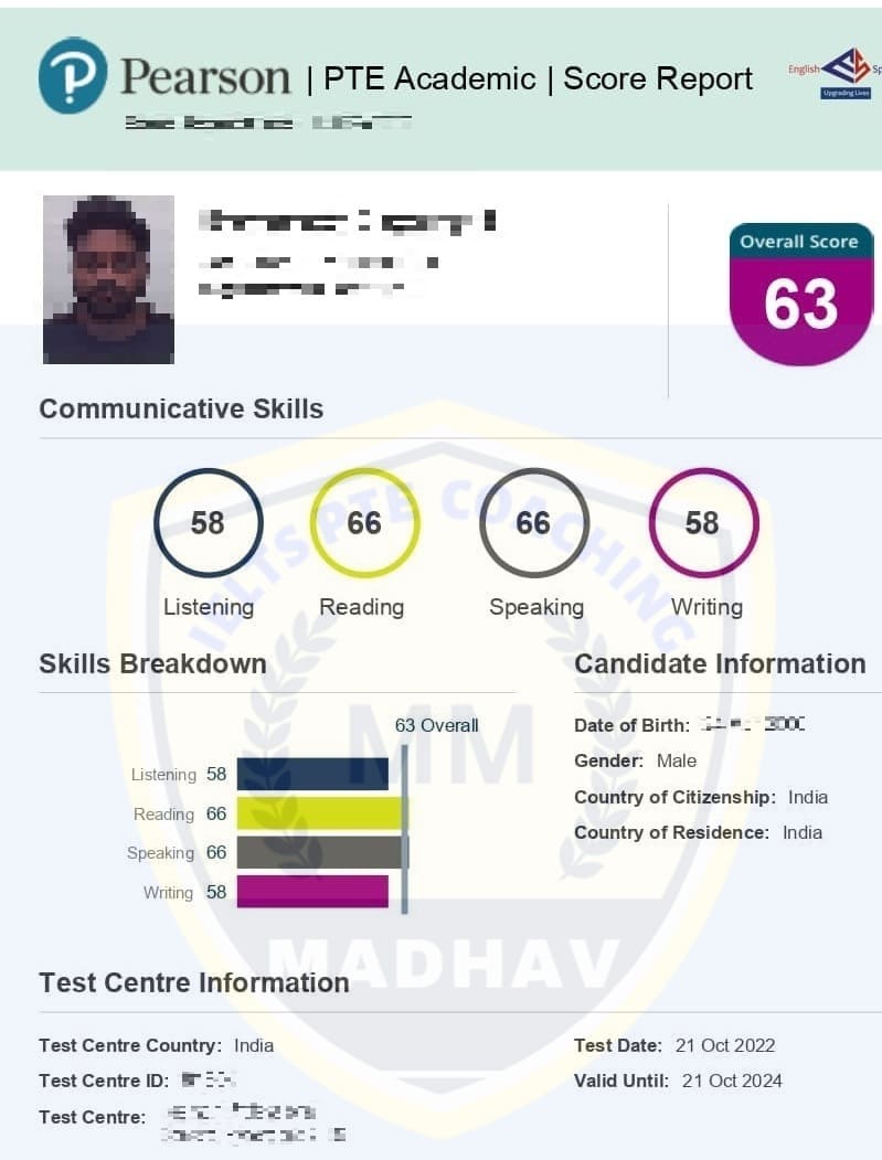 Blurred PTE scorecard of a student