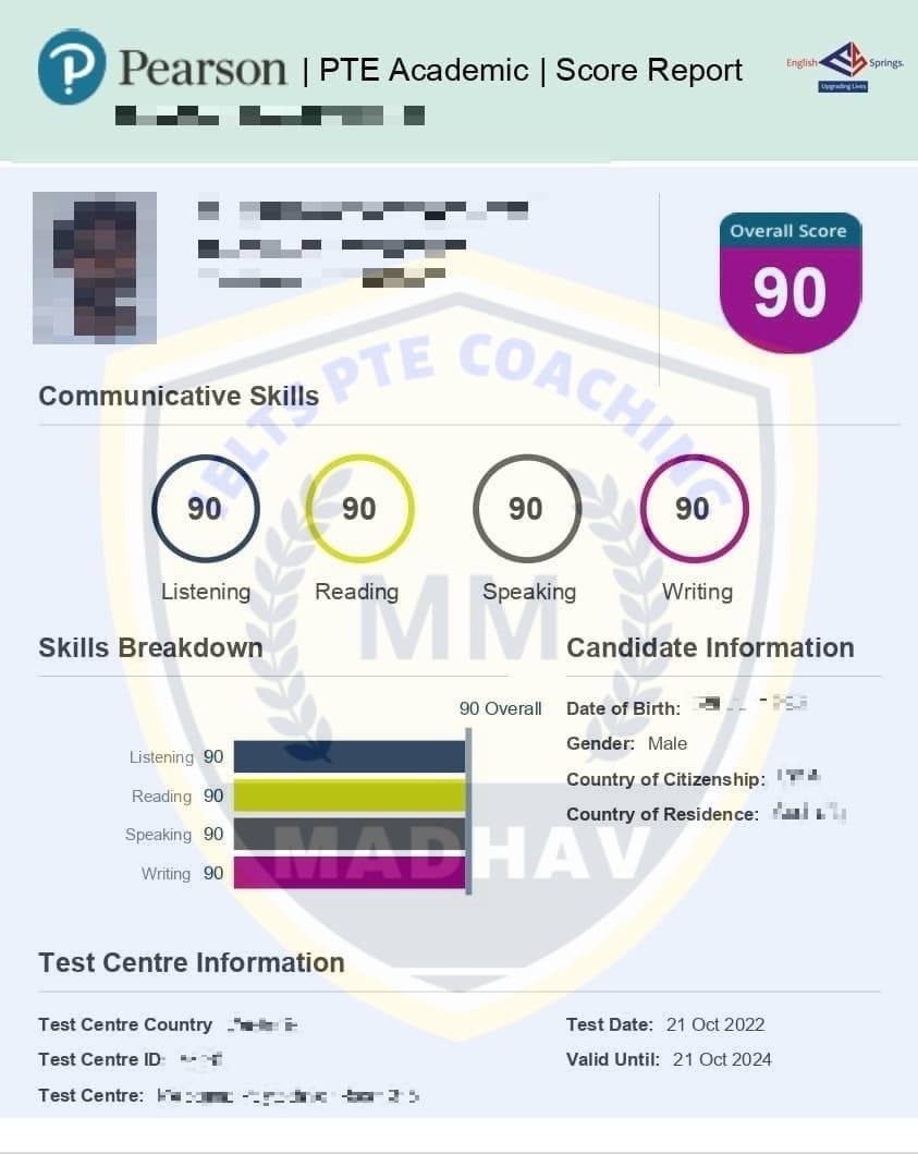 Blurred PTE scorecard of a student