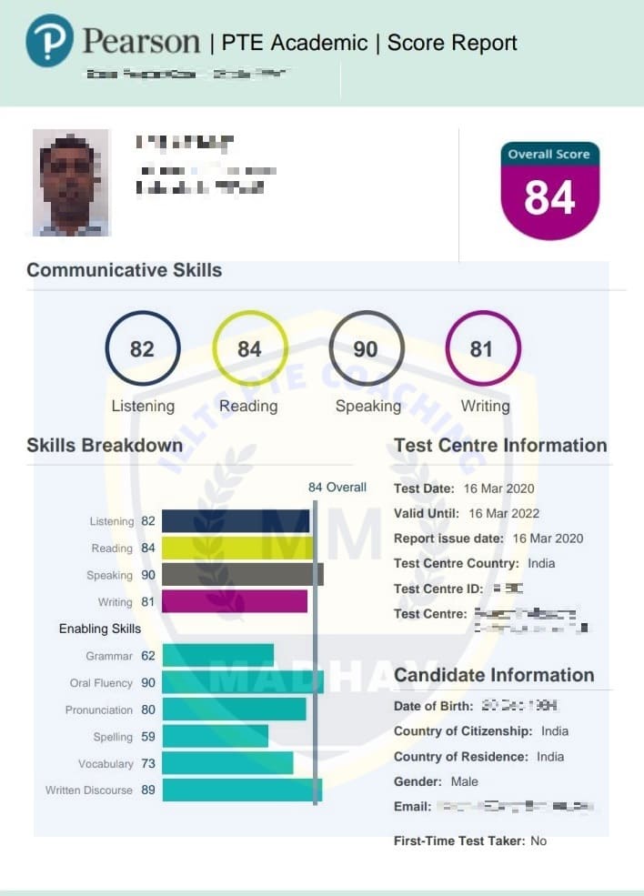 Blurred PTE scorecard of a student