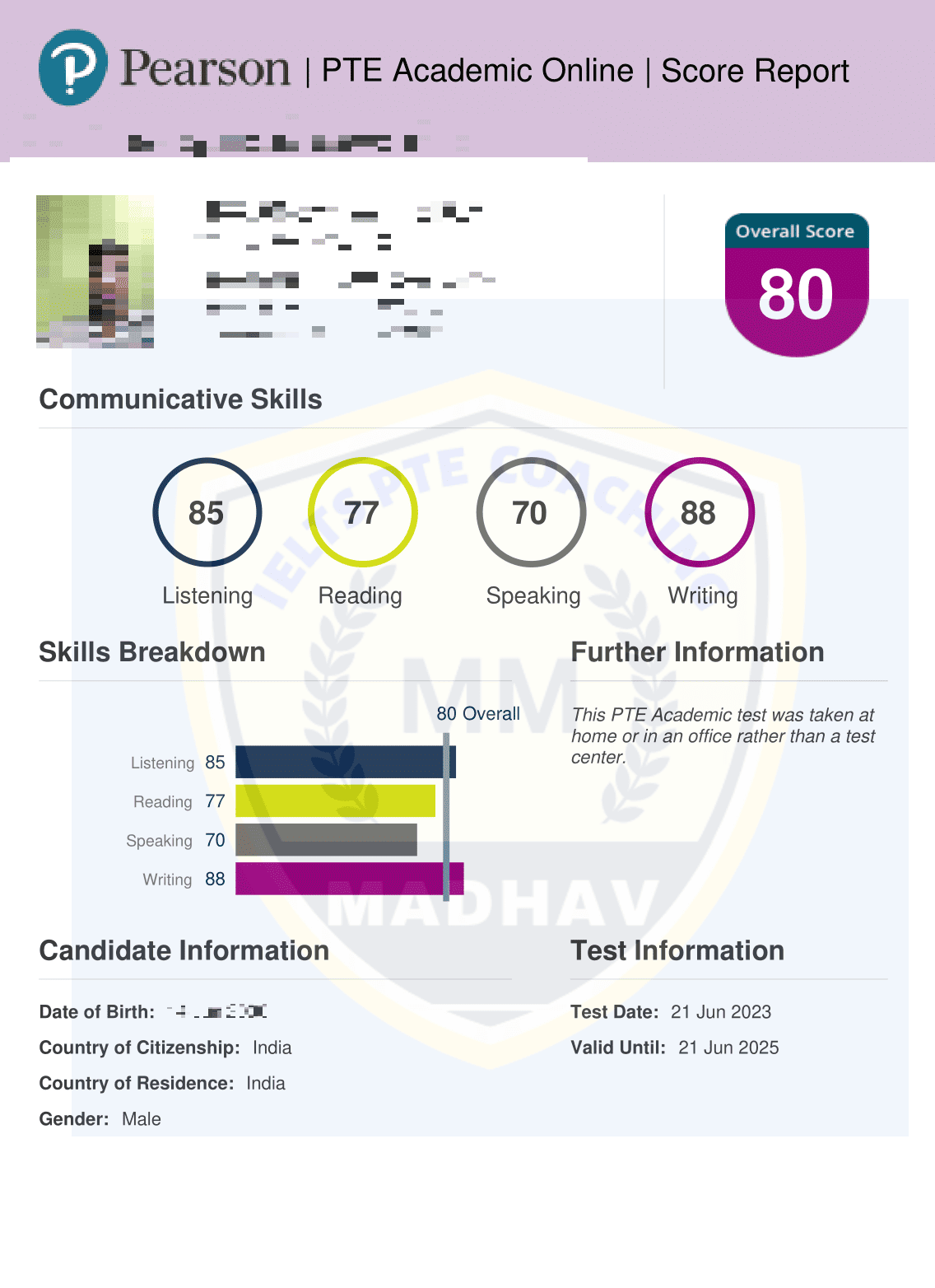 Blurred PTE scorecard of a student