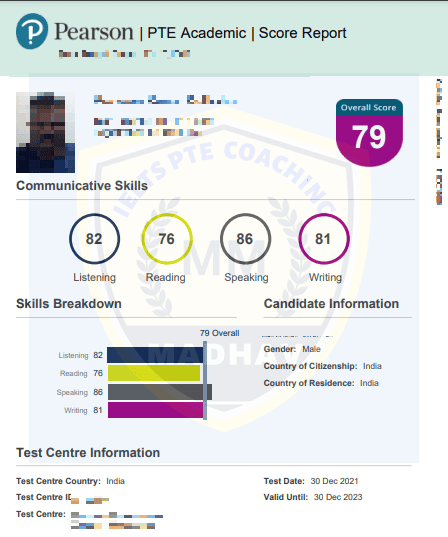 Blurred PTE scorecard of a student
