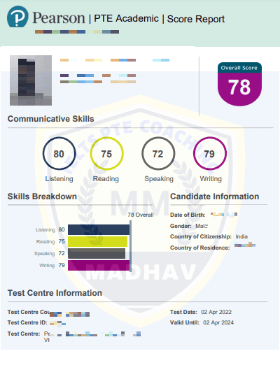 Blurred PTE scorecard of a student