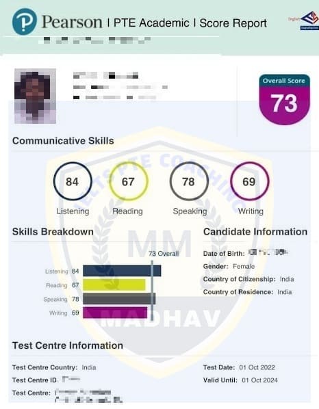 Blurred PTE scorecard of a student